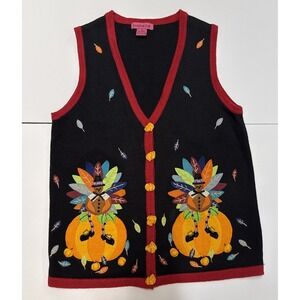 Vtg Bobbie Bell Thanksgiving Sweater Vest Turkey Pumpkin Grandma Core Y2K Sz S